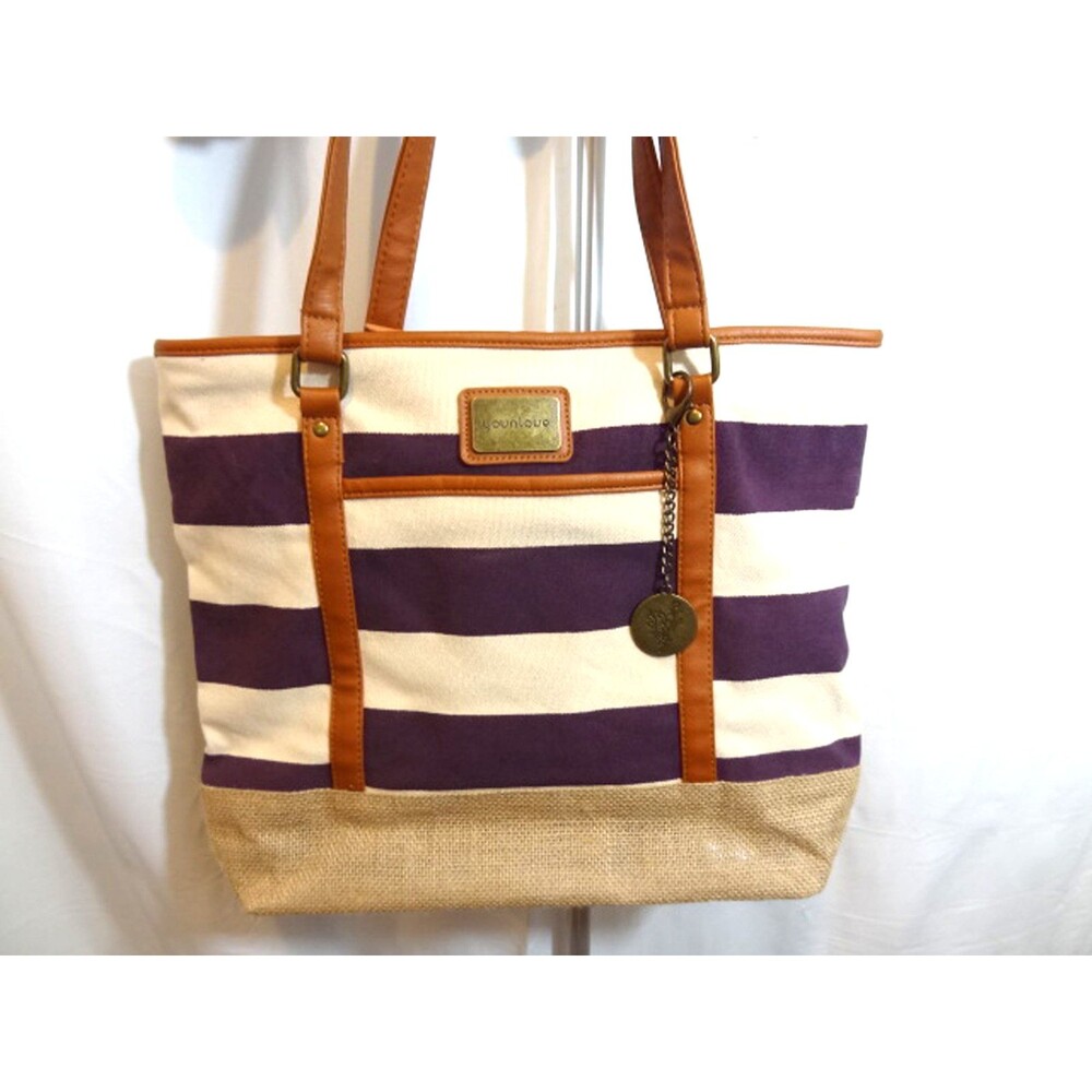Younique Purple & Cream Canvas Tote Beach Bag Faux Leather Double Handle Straps